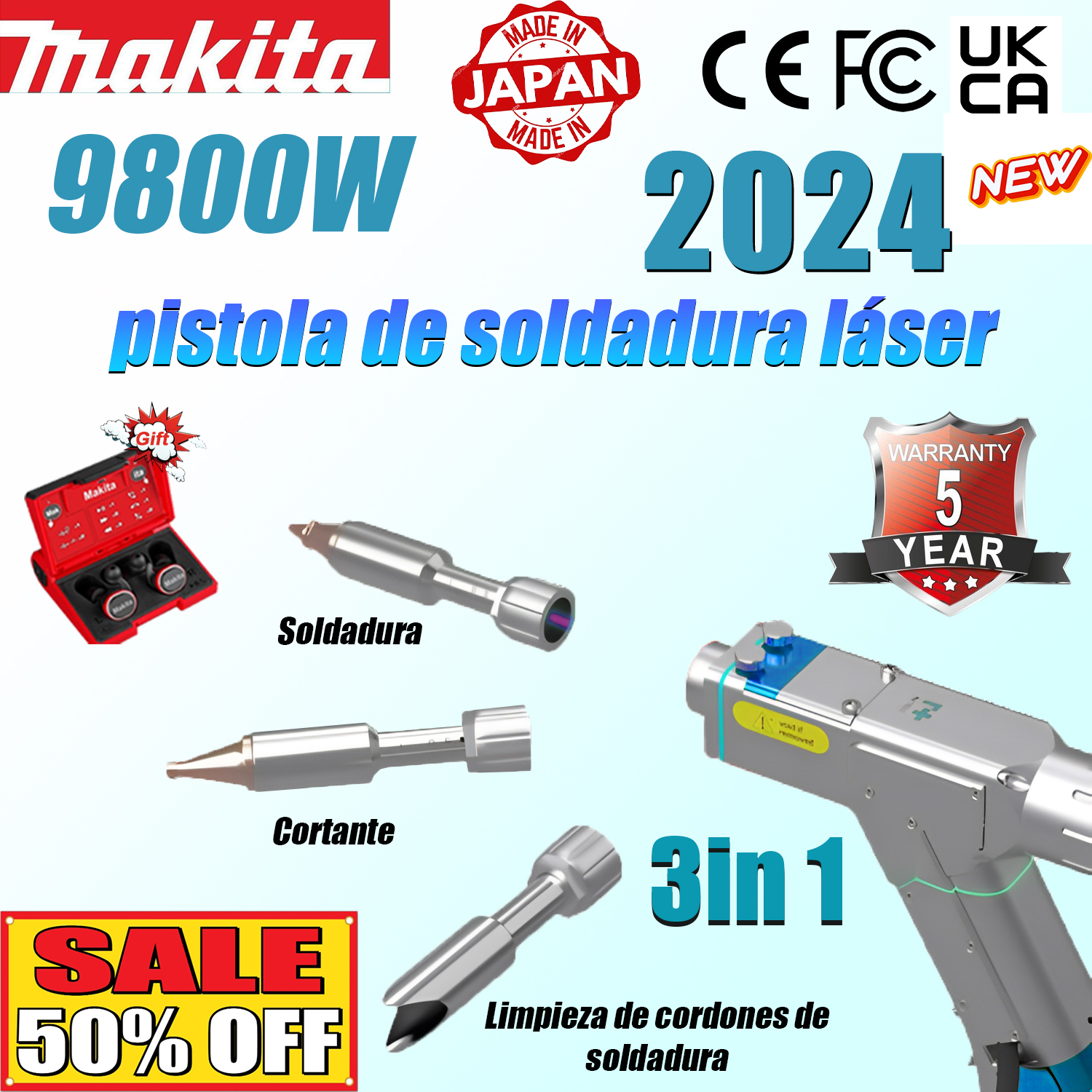 9800W 【3 en 1】: soldadura + limpieza + corte (velocidad 18m/min, espesor 0-25mm)