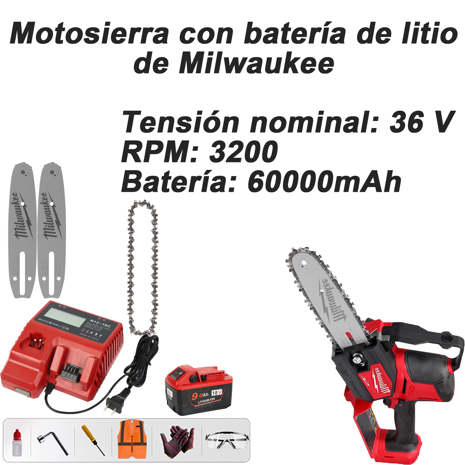 Motosierra con batería de litio Milwaukee (voltaje nominal 36 V + RPM: 3200 + batería: 60000 mAh) + placa guía * 2 + cadena * 1 + batería de repuesto * 1 + base de carga * 1 + juego simple * 1