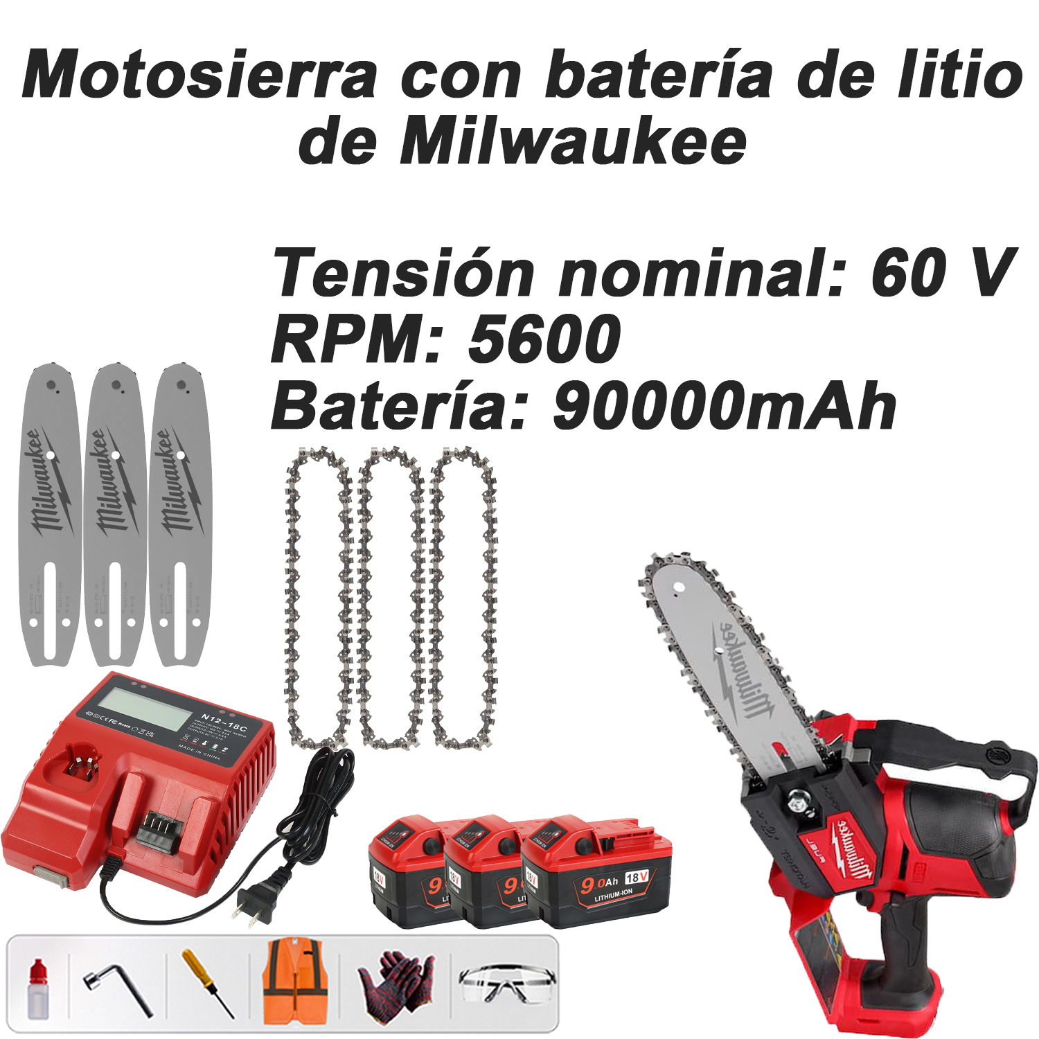 Motosierra con batería de litio Milwaukee (voltaje nominal 60 V + RPM: 5600 + batería: 90000 mAh) + placa guía * 3 + cadena * 3 + batería de repuesto * 3 + base de carga * 1 + juego simple * 1